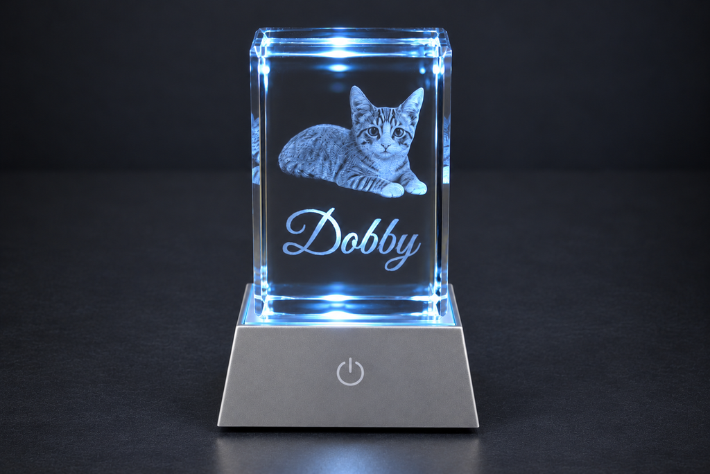 Custom Pet Portrait Crystal | 3D Laser-Engraved Memorial Keepsake with LED Light Base