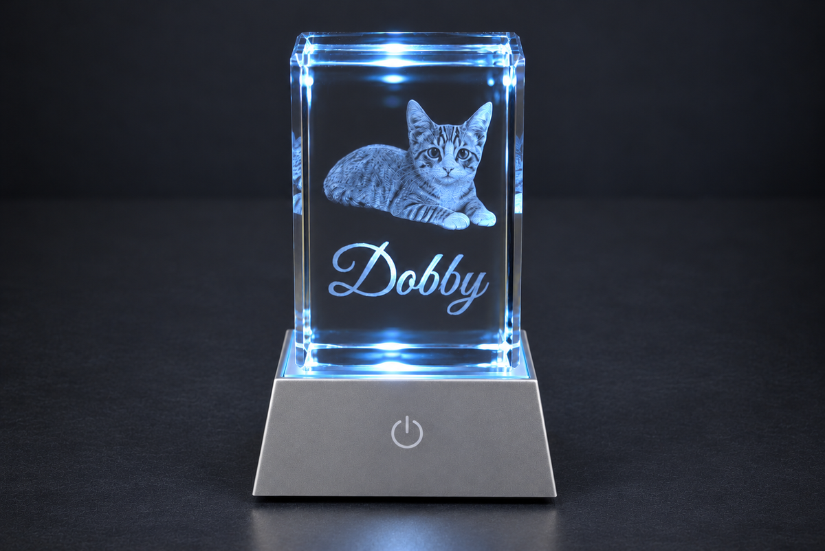 Custom Pet Portrait Crystal | 3D Laser-Engraved Memorial Keepsake with LED Light Base