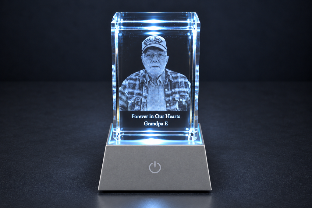 Personalized Memorial Crystal with LED Light Base | 3D Photo Engraved Keepsake
