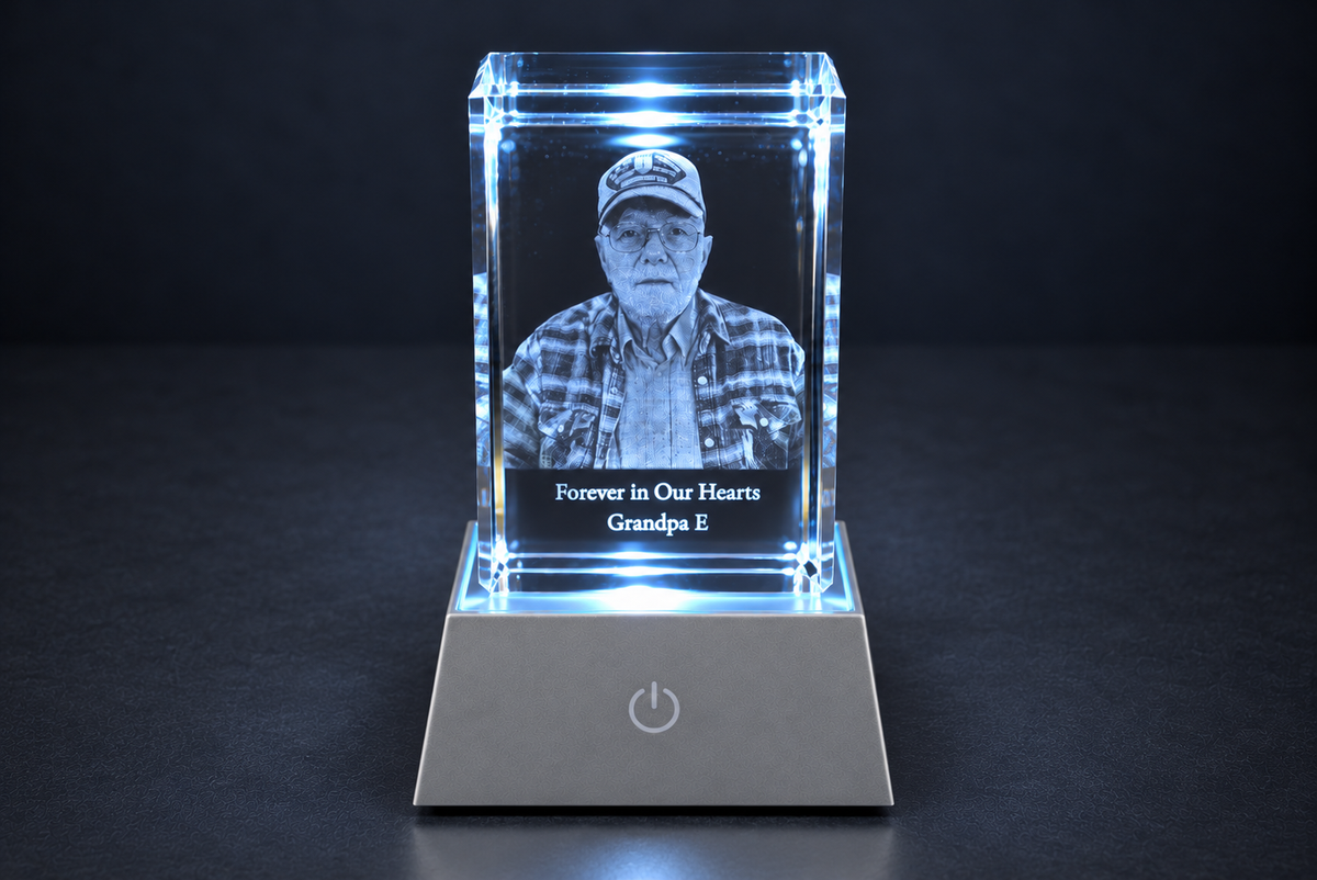 Personalized Memorial Crystal with LED Light Base | 3D Photo Engraved Keepsake
