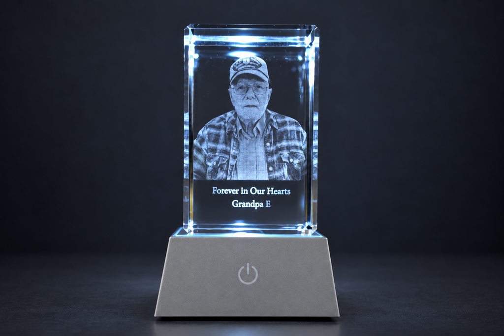 Personalized Memorial Crystal with LED Light Base | 3D Photo Engraved Keepsake