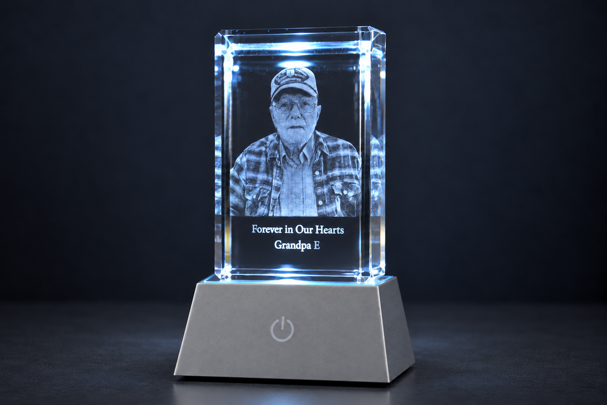 Personalized Memorial Crystal with LED Light Base | 3D Photo Engraved Keepsake