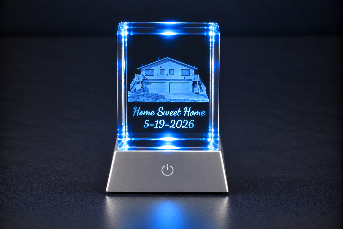 Personalized Home Portrait Crystal with LED Base | Realtor Closing Gift
