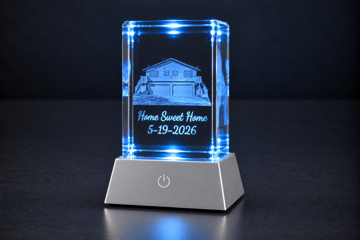 Personalized Home Portrait Crystal with LED Base | Realtor Closing Gift